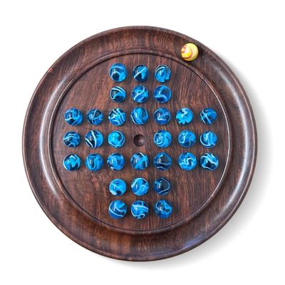22cm Diameter Wooden Solitaire Board Game with Aqua Swirl Glass Marbles | Classic Wooden Solitaire Game | Strategy Board Game | Family Board Game | Games for one | Board Games