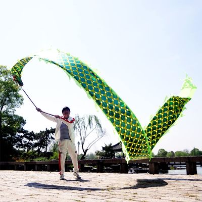 8 Meters (26.2 FT) Square Exercise Dance Dragon Poi with 3D Dragon Head and Swing Rope Combo, Chinese Dragon Dance Wulong Flowy Ribbon Streamer Outdoor Fitness Dragon Stage Prop Set (Golden Green)