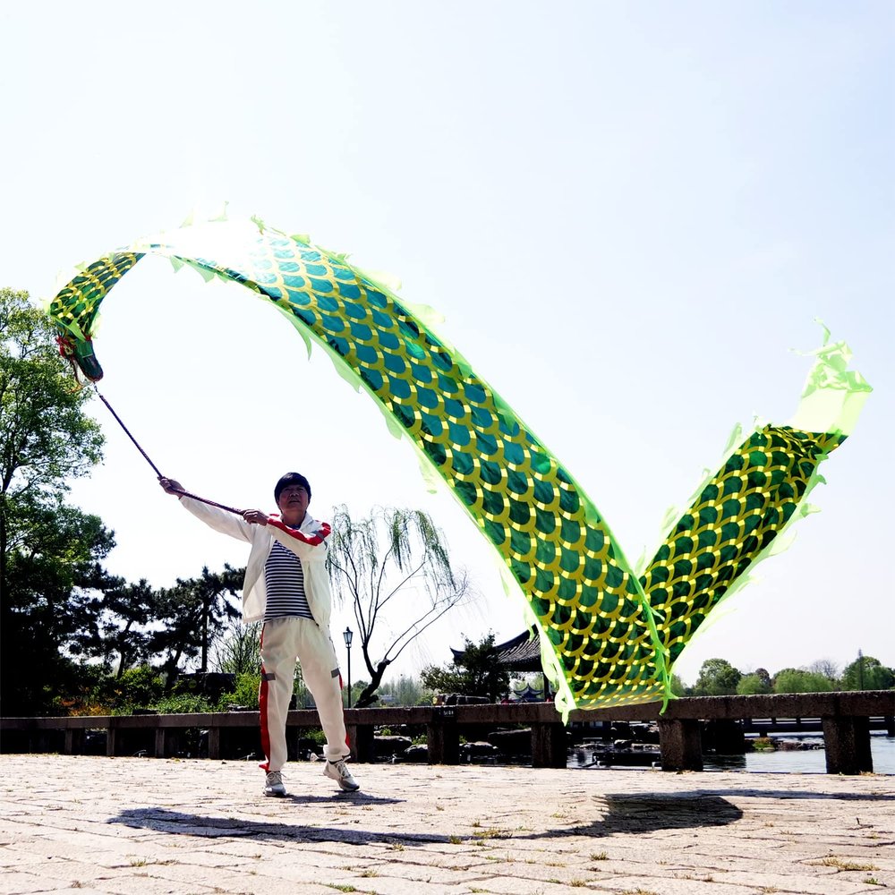 8 Meters (26.2 FT) Square Exercise Dance Dragon Poi with 3D Dragon Head and Swing Rope Combo, Chinese Dragon Dance Wulong Flowy Ribbon Streamer Outdoor Fitness Dragon Stage Prop Set (Golden Green)