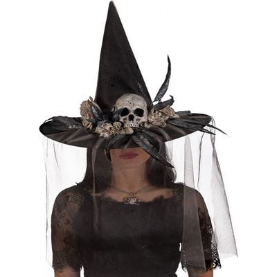 Carnival Toys Black witch hat w/grey decorations, h. 40 cm. w/label.