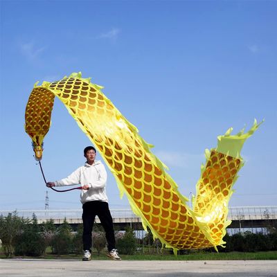 8 Meters (26.2 FT) Square Exercise Dance Dragon Poi with 3D Dragon Head and Swing Rope Combo, Chinese Dragon Dance Wulong Flowy Ribbon Streamer Outdoor Fitness Dragon Stage Prop Set (Golden Yellow)