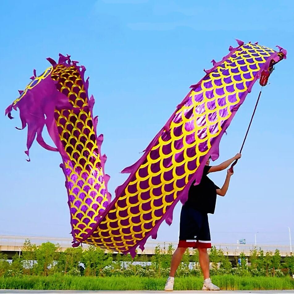 8 Meters (26.2 FT) Square Exercise Dance Dragon Poi with 3D Dragon Head and Swing Rope Combo, Chinese Dragon Dance Wulong Flowy Ribbon Streamer Outdoor Fitness Dragon Stage Prop Set (Golden Purple)
