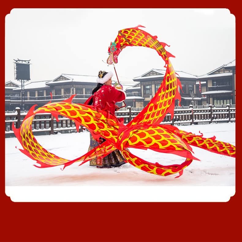 8 Meters (26.2 FT) Square Exercise Dance Dragon Poi with 3D Dragon Head and Swing Rope Combo, Chinese Dragon Dance Wulong Flowy Ribbon Streamer Outdoor Fitness Dragon Stage Prop Set (Golden Red)