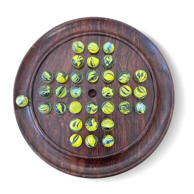 22cm Diameter Wooden Solitaire Board Game with Brilliant Yellow Glass Marbles | Classic Wooden Solitaire Game | Strategy Board Game | Family Board Game | Games for one | Board Games