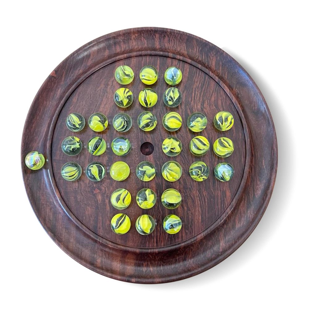 22cm Diameter Wooden Solitaire Board Game with Brilliant Yellow Glass Marbles | Classic Wooden Solitaire Game | Strategy Board Game | Family Board Game | Games for one | Board Games