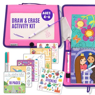 Totebook Kids Travel Educational Activity Book with Washable Markers - Car and Airplane Activities, Learning Toys for Toddlers- Search and Find, Reusable Stickers for Ages 4, 5, 6 (Princess)