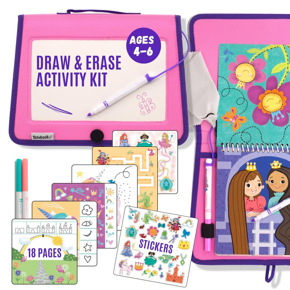 Totebook Kids Travel Educational Activity Book with Washable Markers - Car and Airplane Activities, Learning Toys for Toddlers- Search and Find, Reusable Stickers for Ages 4, 5, 6 (Princess)