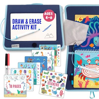Totebook Kids Travel Educational Activity Book with Washable Markers - Car and Airplane Activities, Learning Toys for Toddlers- Search and Find, Reusable Stickers for Ages 4, 5, 6 (Ocean)