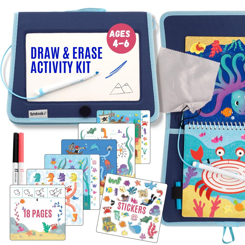 Totebook Kids Travel Educational Activity Book with Washable Markers - Car and Airplane Activities, Learning Toys for Toddlers- Search and Find, Reusable Stickers for Ages 4, 5, 6 (Ocean)