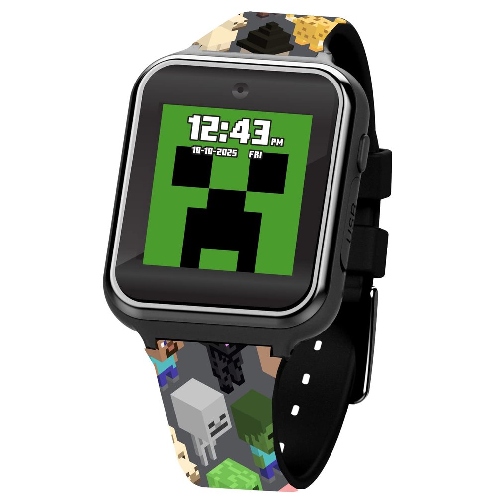 Minecraft Kids LED Smartwatch Interactive Gaming-Themed Watch 10 Changeable Faces, Step Counter, Calculator, Games, Selfie Cam, Alarm & Timer, Printed Silicone Straps Fits Wrists 5.5"-8.0"