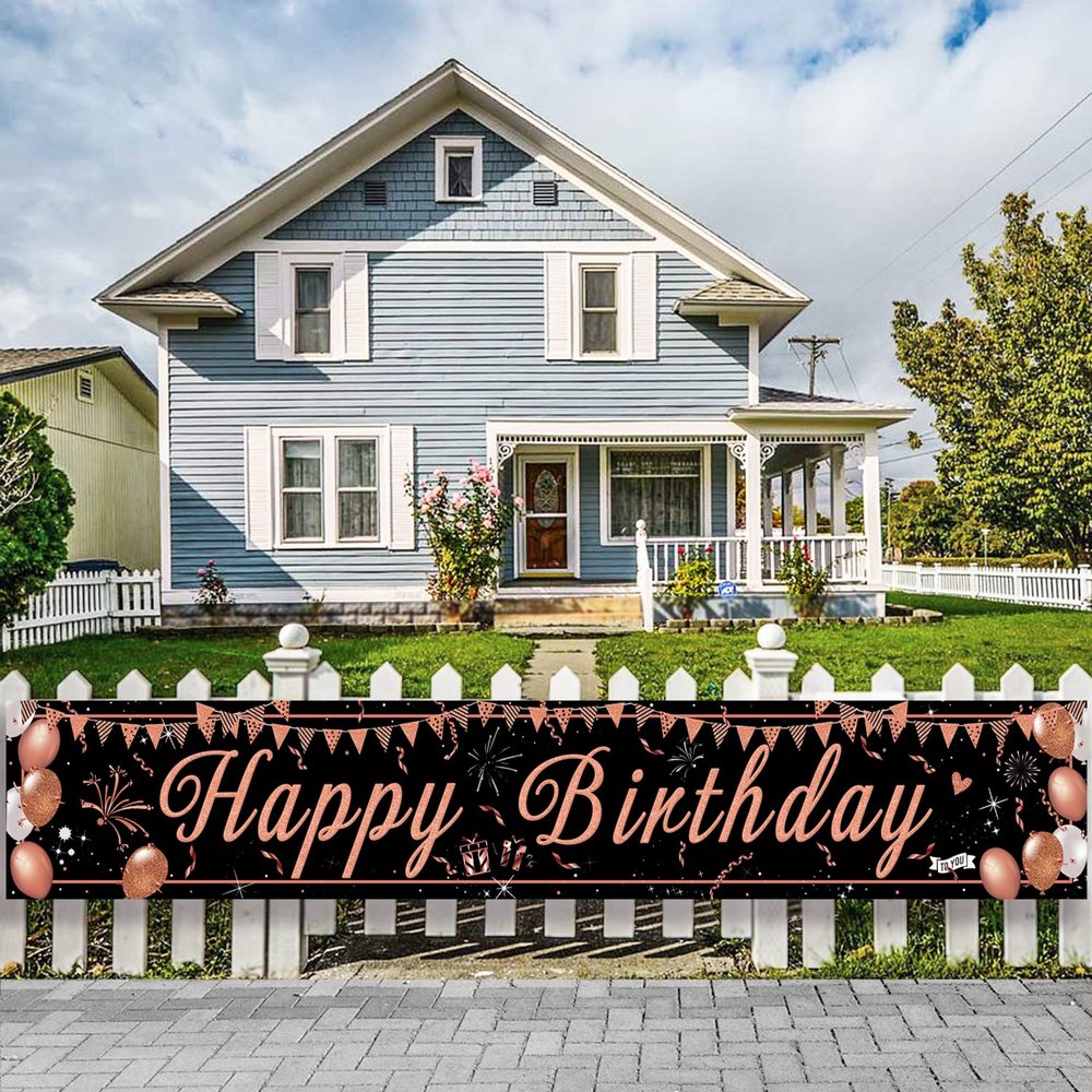 Black and Rose Gold Happy Birthday Banner Sign, Happy Birthday Backdrop for Girls Women Birthday Party Decorations