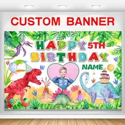 Custom Dinosaur Happy Birthday Party Decorations Supplies Personalized Dinosaur Birthday Backdrop Banner(5x7.5ft)