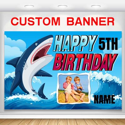 Custom Shark Happy Birthday Party Decorations Supplies Personalized Shark Ocean Themed Birthday Backdrop Banner(5x7.5ft)