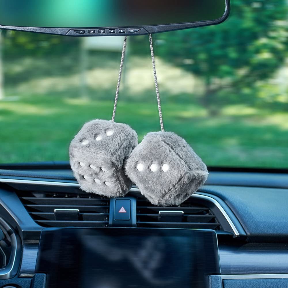 AuMoHall 2.95'' Retro Fuzzy Plush Dice Car Charm Square Plush Dice Car Rear View Mirror Hanging Ornament Car Mirror Hanging Accessories, Gray