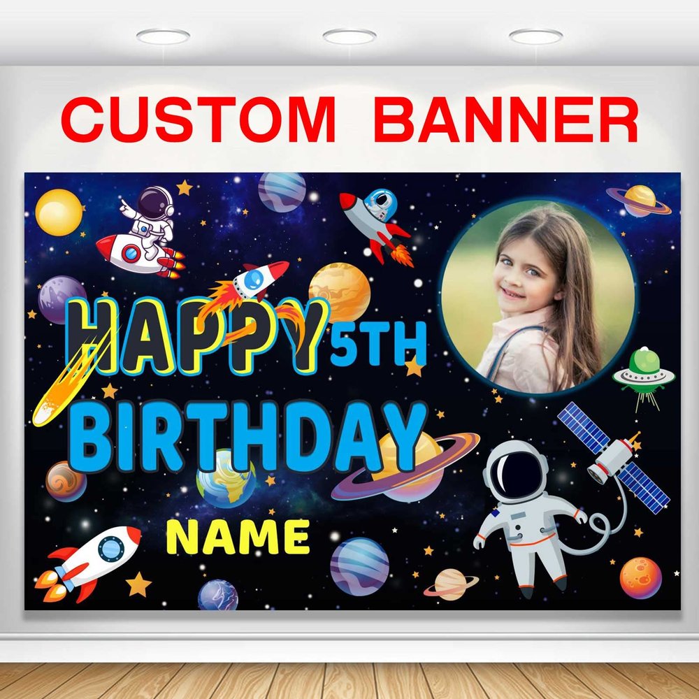 AUBAO Personalized Outer Space Galaxy Astronaut Birthday Banner(4x6ft)