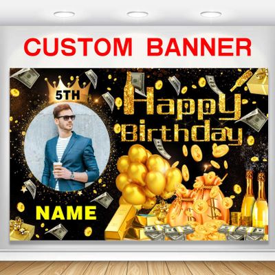 Custom Dollar Money Black and Gold Happy Birthday Party Decorations Supplies Personalized Dollar Money Black and Gold Birthday Backdrop Banner(5x7.5ft)