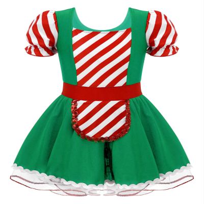 ACSUSS Kids Girls Gingerbread Cookie Costume Christmas Candy Cane Stripe Sequins Dance Party Tutu Dress Green 14 Years