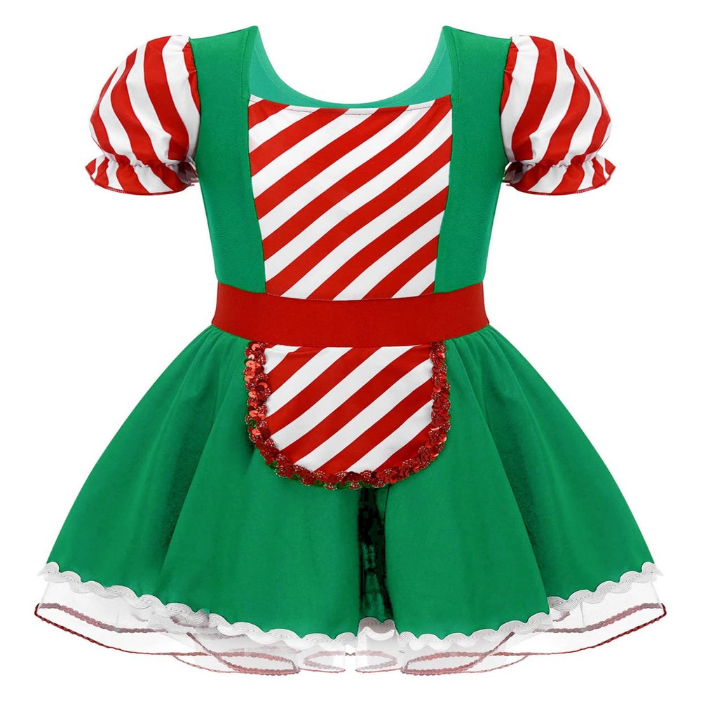 ACSUSS Kids Girls Gingerbread Cookie Costume Christmas Candy Cane Stripe Sequins Dance Party Tutu Dress Green 14 Years