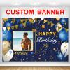 Custom Navy Blue and Gold Happy Birthday Sign Birthday Party Decorations Supplies Personalized Navy Blue Backdrop Banner (5x7.5ft) view 1