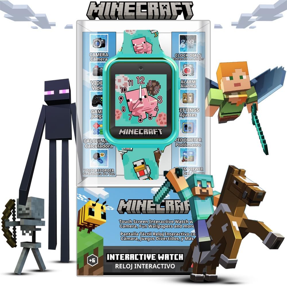 Minecraft Kids Smart Watch with Touchscreen Display, 10 Watch Faces, Games, Camera, Alarm, Timer, Step Counter & Calculator  Fun Interactive Learning Watch for Boys & Girls, Fits Wrist Sizes 5.5"-8"