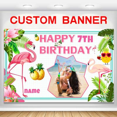 Custom Flamingo Hawaiian Tropical Happy Birthday Party Decorations Supplies Personalized Flamingo Hawaiian Tropical Birthday Luau Party Backdrop Banner(5x7.5ft)