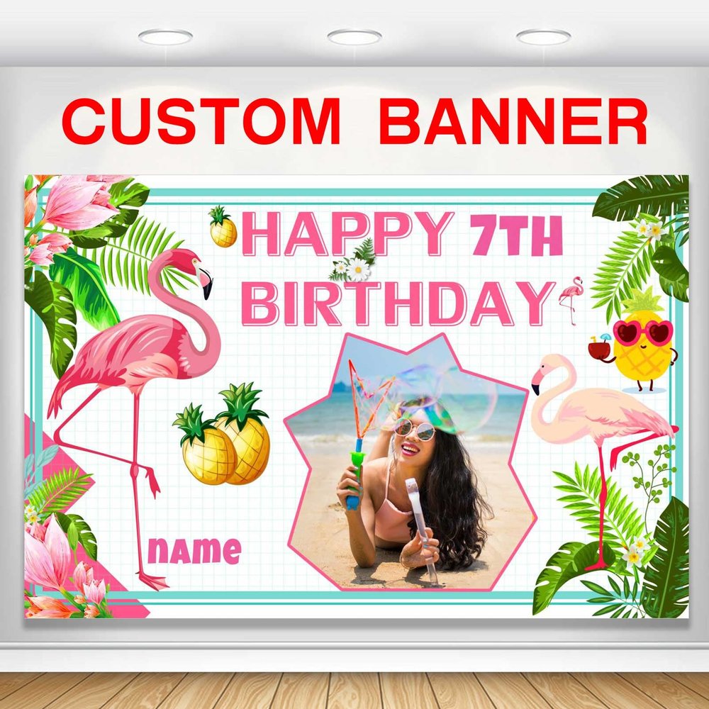Custom Flamingo Hawaiian Tropical Happy Birthday Party Decorations Supplies Personalized Flamingo Hawaiian Tropical Birthday Luau Party Backdrop Banner(5x7.5ft)