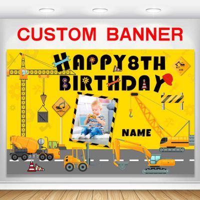 Custom Construction Happy Birthday Party Decorations Supplies Personalized Excavator Crane Dump Truck Digger Birthday Backdrop Banner(5x7.5ft)