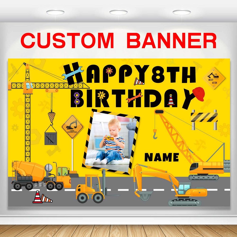 Custom Construction Happy Birthday Party Decorations Supplies Personalized Excavator Crane Dump Truck Digger Birthday Backdrop Banner(5x7.5ft)