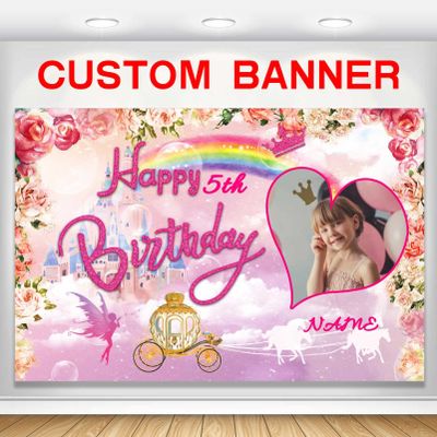 Custom Princess Castle Happy Birthday Party Decorations Supplies Personalized Princess Pink Royal Birthday Backdrop Banner for Girl Birthday Party (5x7.5ft)
