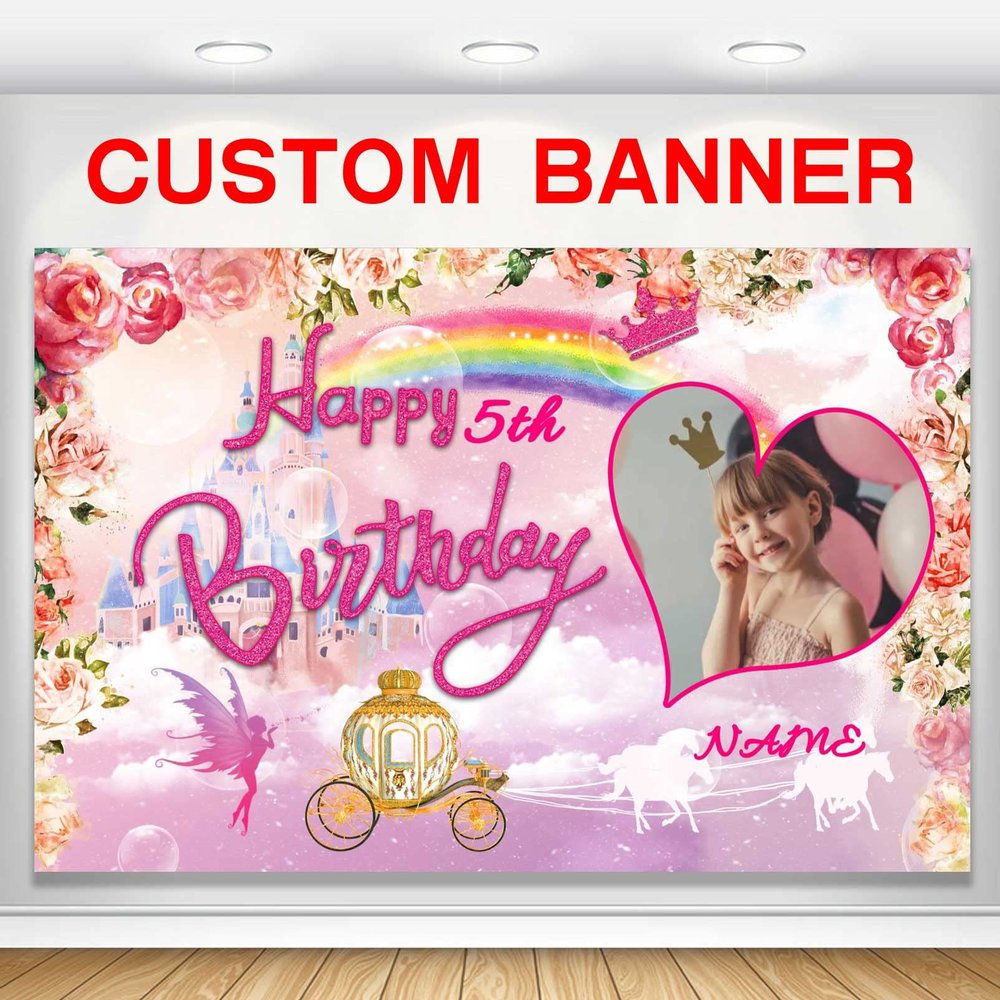 Custom Princess Castle Happy Birthday Party Decorations Supplies Personalized Princess Pink Royal Birthday Backdrop Banner for Girl Birthday Party (5x7.5ft)