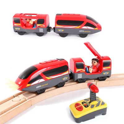 Battery Operated Train for Wooden Track,Powerful Engine Locomotive Remote Control Train Toy with Light and Sounds Gift for Boy Kids Toddlers, Compatible with Thomas, Brio, Chuggington