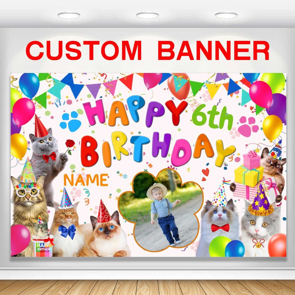 Custom Cat Happy Birthday Party Decorations Supplies Personalized Cat Happy Birthday Backdrop Banner(5x7.5ft)