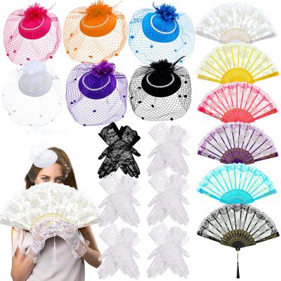 18 Pcs Tea Party Accessories for Women with Tea Party Hats Folding Fan Lace Gloves 2025 Derby Hats for Women Female Lets Partea Favors Costumes