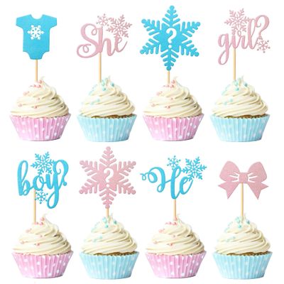 24 Pack Gender Reveal Cupcake Toppers Glitter Boy or Girl Cupcake Picks Snowflake Winter Frozen Baby Shower Birthday Cake Decorations Party Supplies Pink Blue