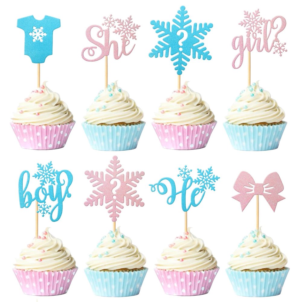 24 Pack Gender Reveal Cupcake Toppers Glitter Boy or Girl Cupcake Picks Snowflake Winter Frozen Baby Shower Birthday Cake Decorations Party Supplies Pink Blue