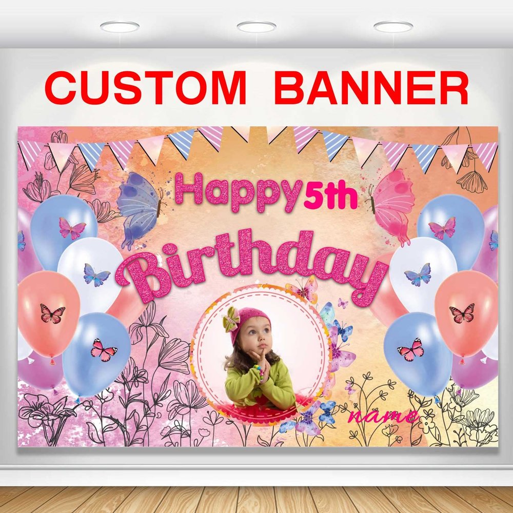 Custom Butterfly Happy Birthday Party Decorations Supplies Personalized Butterfly Balloon Princess Girl Birthday Backdrop Banner(5x7.5ft)