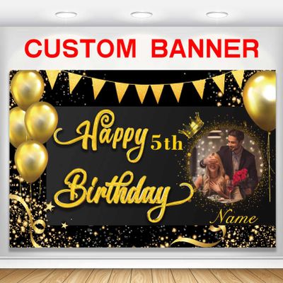 Custom Black and Gold Happy Birthday Party Decorations Supplies Personalized Black and Gold Birthday Backdrop Banner(5x7.5ft)