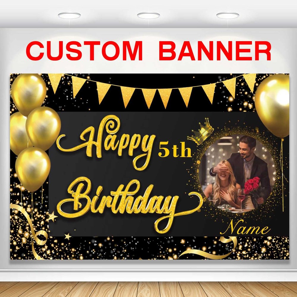 Custom Black and Gold Happy Birthday Party Decorations Supplies Personalized Black and Gold Birthday Backdrop Banner(5x7.5ft)