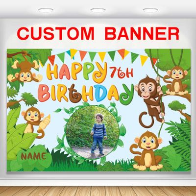 Custom Monkey Jungle Safari Happy Birthday Party Decorations Supplies Personalized Monkey Jungle Safari Green Birthday Backdrop Banner(5x7.5ft)