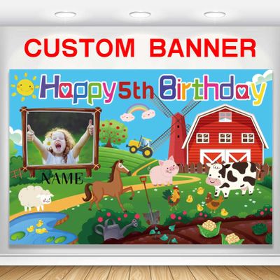 Custom Farm Animal Happy Birthday Party Decorations Supplies Personalized Farm Animal Barn Cow Farmhouse Birthday Backdrop Banner(5x7.5ft)