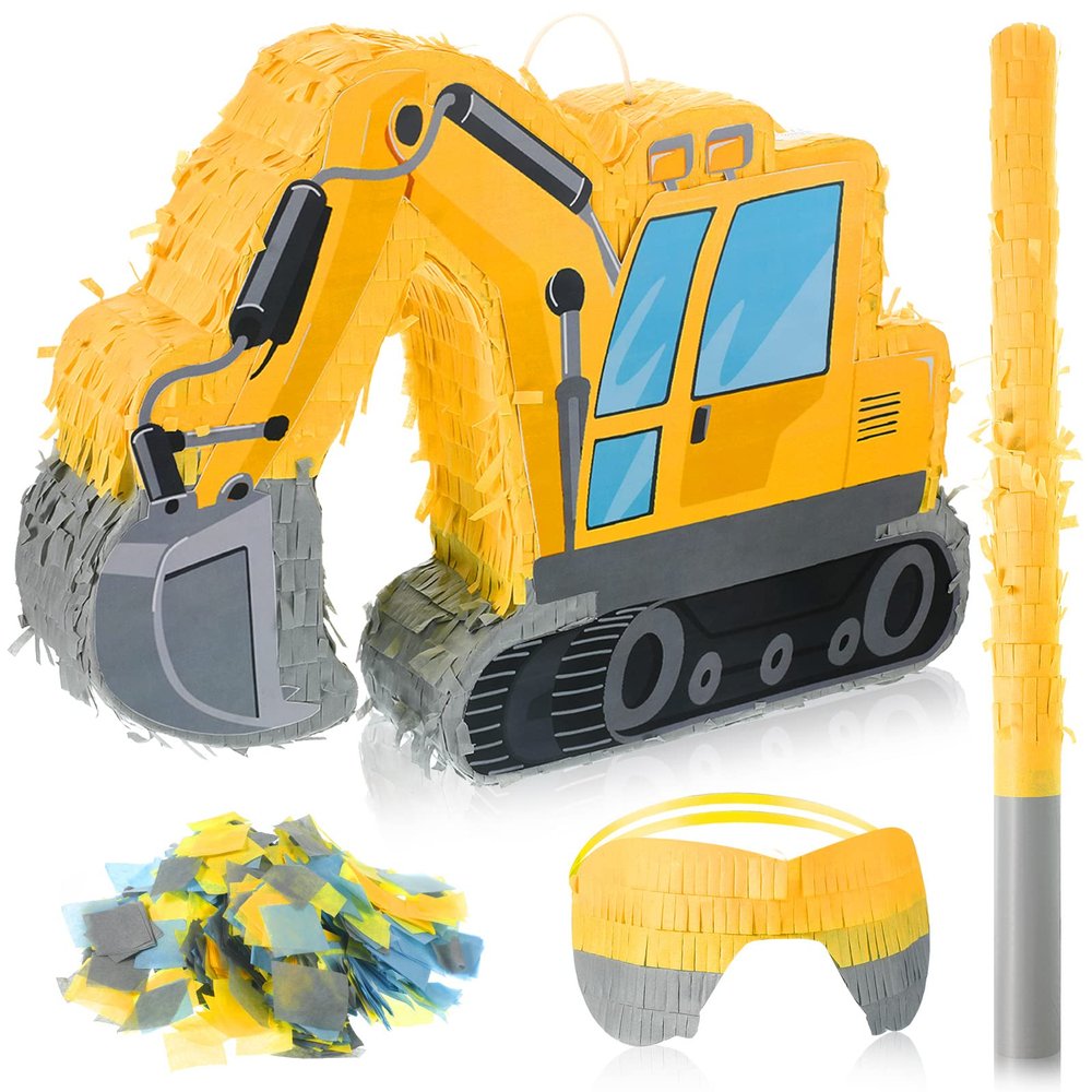 Ferraycle Excavator Construction Truck Pinata for Boys Birthday Party Supplies Bundle with Blindfold Bat Confetti Number Crane Tractors Pinata for Party Supplies
