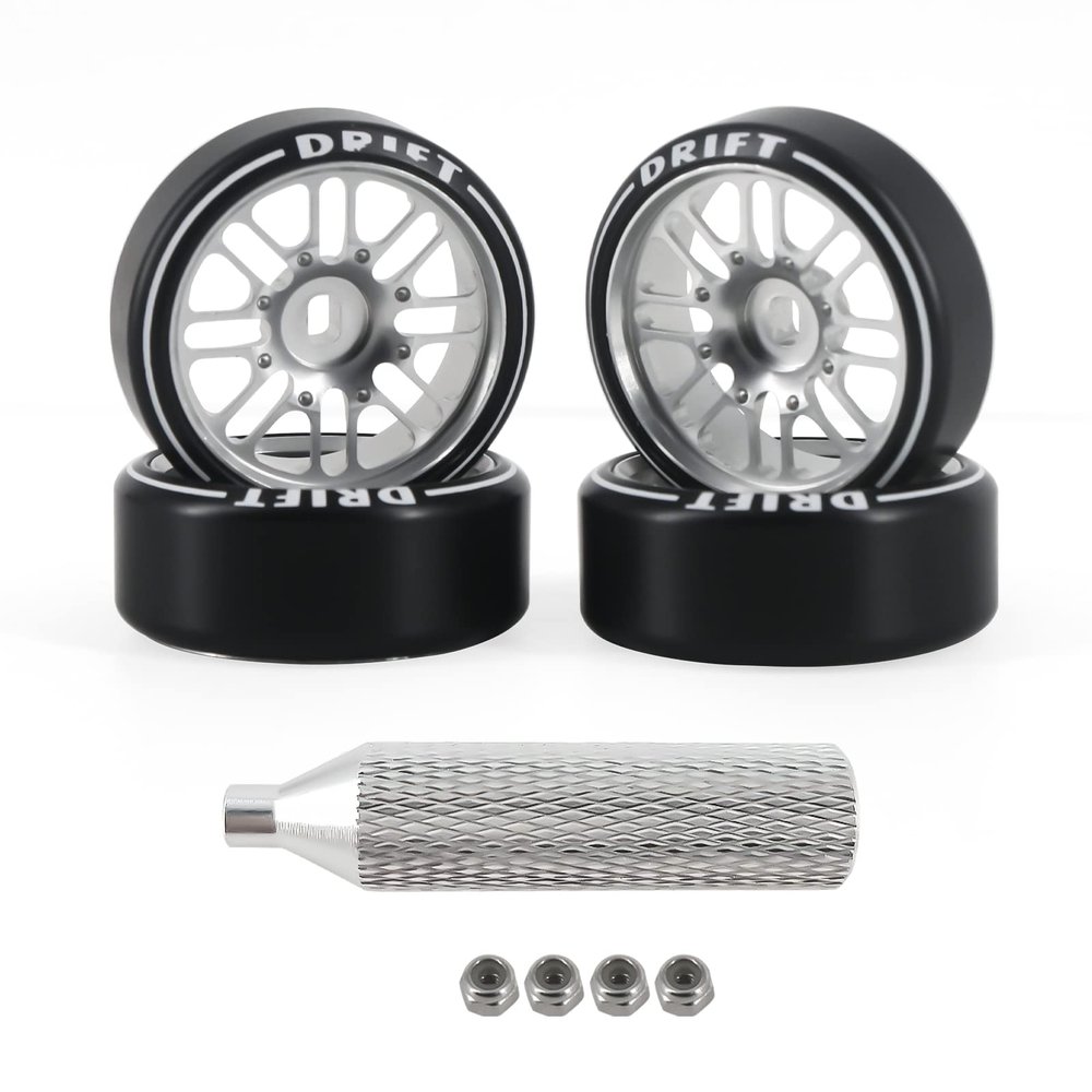 Abendor 4Pcs [2N+2W] Rc Drift Wheels & Logo Drift Tires, 16 Spoke Exquisite Aluminum Alloy Rims with Rc Drift Car Tires for 1/24 1/28 Kyosho Mini-Q HGD1 HGV1 Wltoys K969 K989 K929 AWD (Silver)