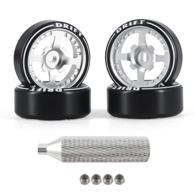 Abendor New 4 Pcs Rc Car Drift Wheels with Logo Tires for 1/28 Wltoys K969 K989 K929, [2N+2W] 4 Spoke Durable Aluminum Alloy Rc Drift Car Tires for 1/24 1/28 Mini-Q HGD1 HGV1 Upgrade Parts (Silver)