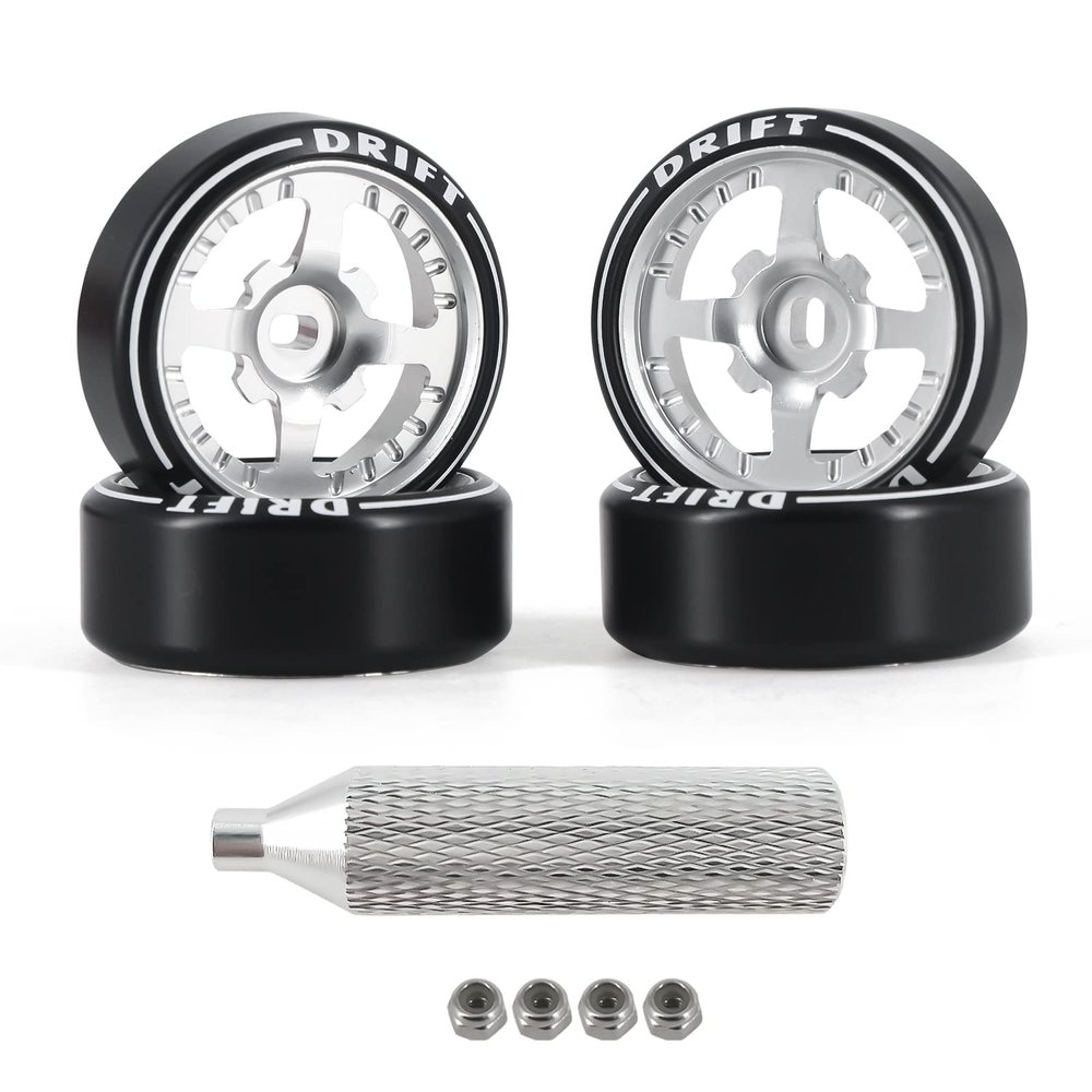 Abendor New 4 Pcs Rc Car Drift Wheels with Logo Tires for 1/28 Wltoys K969 K989 K929, [2N+2W] 4 Spoke Durable Aluminum Alloy Rc Drift Car Tires for 1/24 1/28 Mini-Q HGD1 HGV1 Upgrade Parts (Silver)