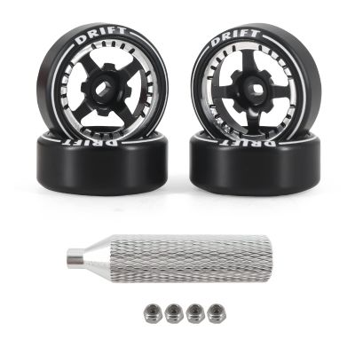 Abendor New 4 Pcs Rc Car Drift Wheels with Logo Tires for 1/28 Wltoys K969 K989 K929, [2N+2W] 4 Spoke Durable Aluminum Alloy Rc Drift Car Tires for 1/24 1/28 Mini-Q HGD1 HGV1 Upgrade Parts (Black)