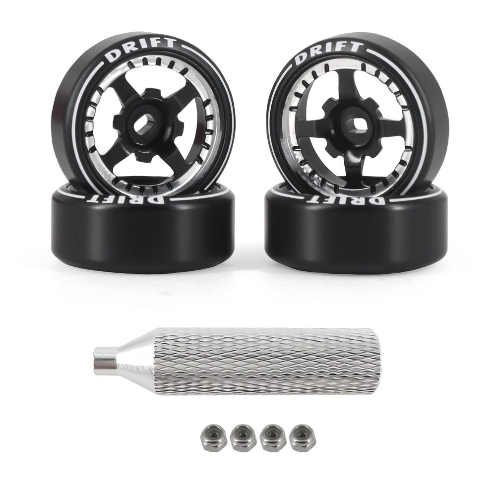 Abendor New 4 Pcs Rc Car Drift Wheels with Logo Tires for 1/28 Wltoys K969 K989 K929, [2N+2W] 4 Spoke Durable Aluminum Alloy Rc Drift Car Tires for 1/24 1/28 Mini-Q HGD1 HGV1 Upgrade Parts (Black)