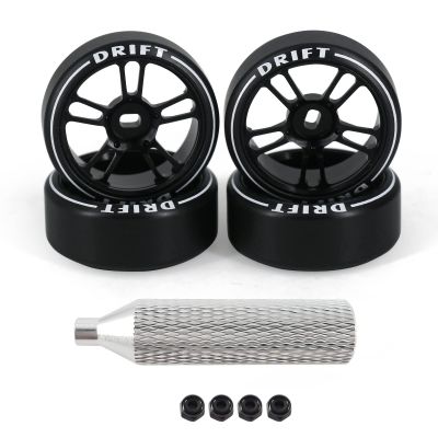 Abendor 4Pcs 10 Spoke 22.4mm 1/28 Rc Car Drift Wheel Hub with Logo Rc Car Drift Tires,[2N+2W] Durable for 1/28 Mini-Q HGD1 Mini-Z DRZ Wltoys K969 RC Drift Car Upgrade Parts (Black)
