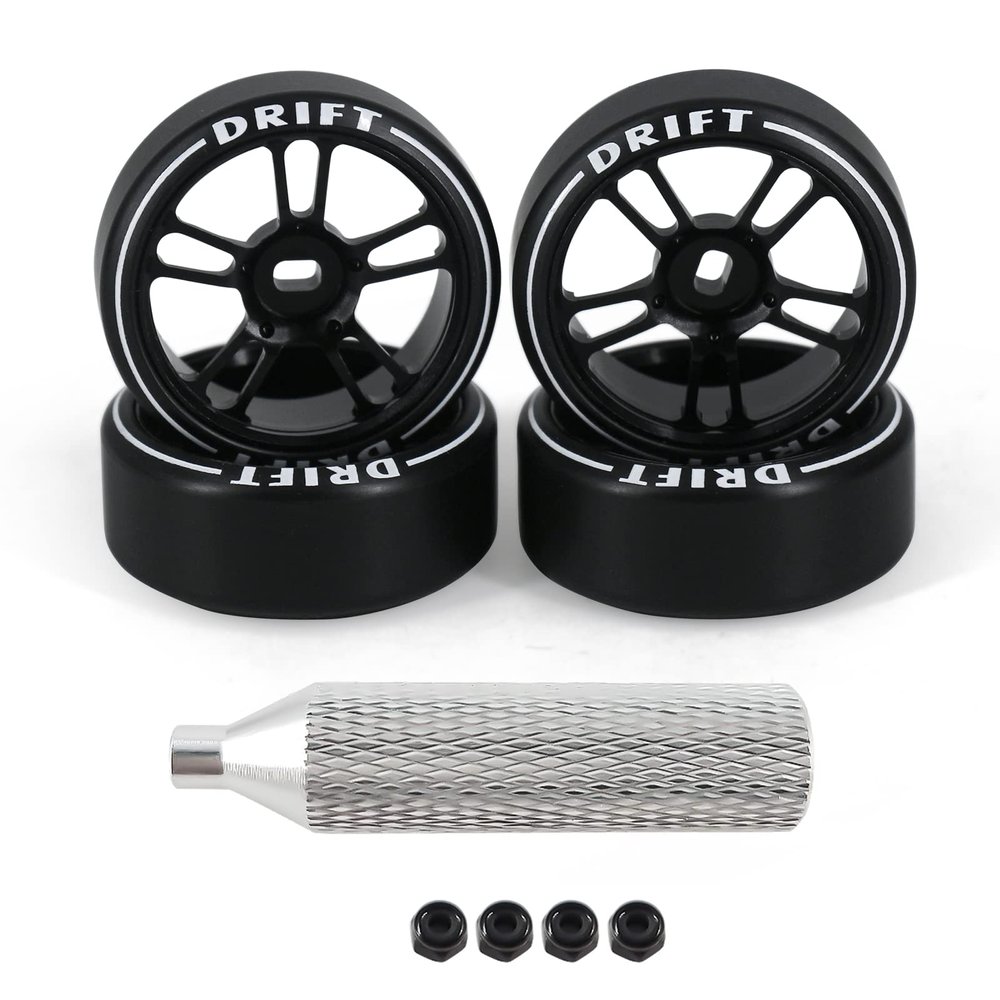 Abendor 4Pcs 10 Spoke 22.4mm 1/28 Rc Car Drift Wheel Hub with Logo Rc Car Drift Tires,[2N+2W] Durable for 1/28 Mini-Q HGD1 Mini-Z DRZ Wltoys K969 RC Drift Car Upgrade Parts (Black)