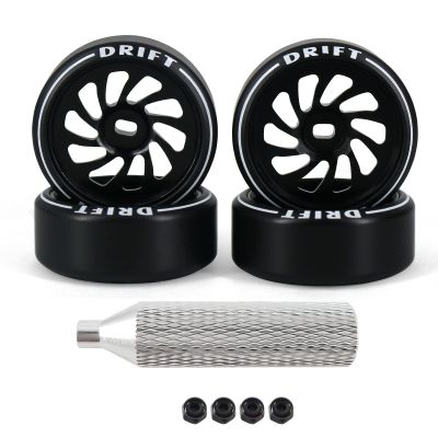 Abendor New 10 Spoke Durable Aluminum Alloy Rims with Logo Tires for Wltoys K969 K989 K929, [2N+2W] 4 Pcs Rc Drift Wheels with Rc Drift Car Tires for 1/24 1/28 Mini-Q HGD1 HGV1 Upgrade Parts (Black)