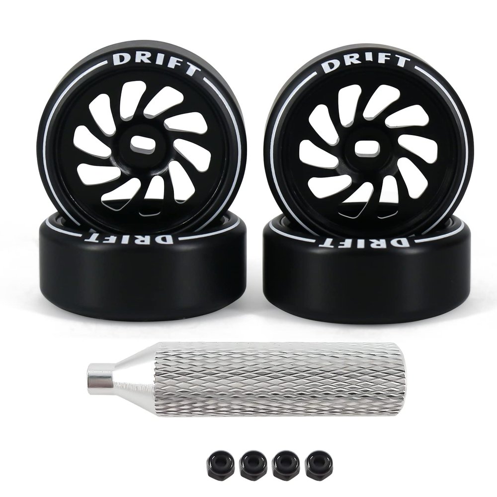 Abendor New 10 Spoke Durable Aluminum Alloy Rims with Logo Tires for Wltoys K969 K989 K929, [2N+2W] 4 Pcs Rc Drift Wheels with Rc Drift Car Tires for 1/24 1/28 Mini-Q HGD1 HGV1 Upgrade Parts (Black)